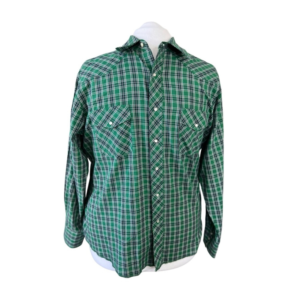 Wrangler‎ Western Shirt Pearl Snap Front Pockets Green VTG Rancher Retro …